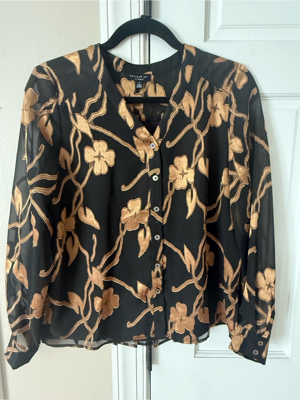 Current Air Black Sheer Blouse with Metallic Gold Floral Design